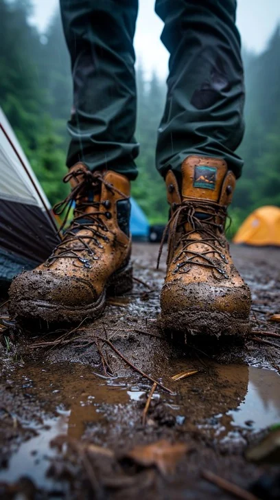Botas de peregrino empapadas de barro y lluvia en el Camino Primitivo