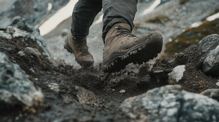 Botas de trekking impermeables sobre terreno rocoso del Camino Primitivo en Asturias