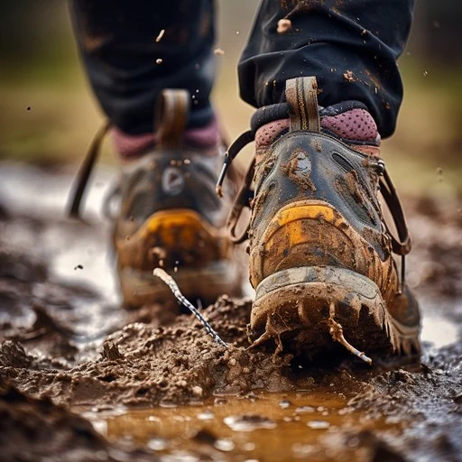 Botas embarradas con tienda de campaña al fondo bajo la lluvia en el Camino Primitivo